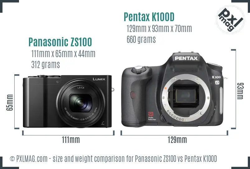 Panasonic ZS100 vs Pentax K100D size comparison