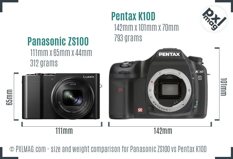 Panasonic ZS100 vs Pentax K10D size comparison