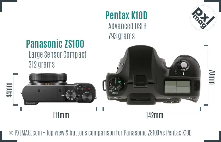 Panasonic ZS100 vs Pentax K10D top view buttons comparison