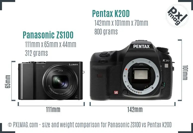 Panasonic ZS100 vs Pentax K20D size comparison