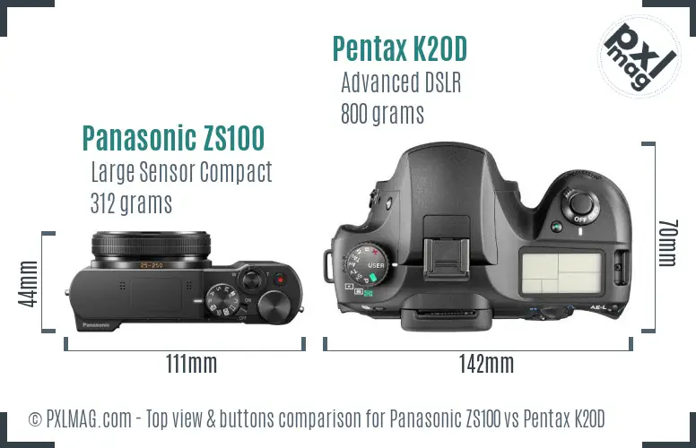 Panasonic ZS100 vs Pentax K20D top view buttons comparison