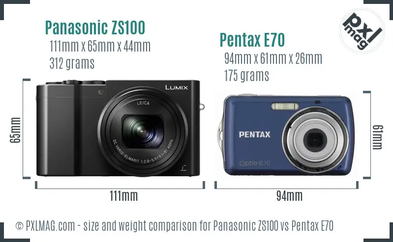 Panasonic ZS100 vs Pentax E70 size comparison
