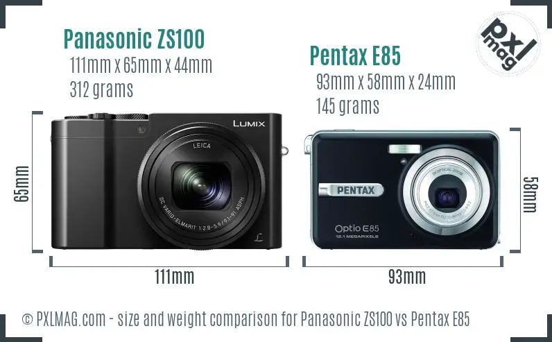 Panasonic ZS100 vs Pentax E85 size comparison