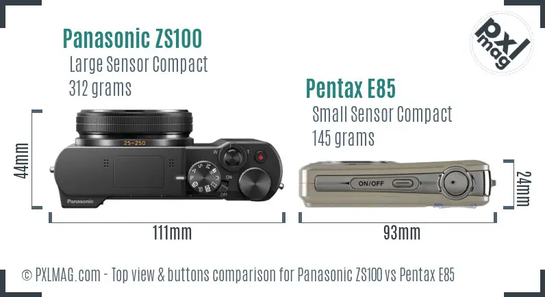 Panasonic ZS100 vs Pentax E85 top view buttons comparison