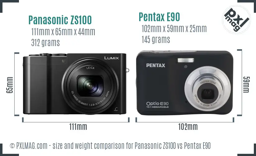 Panasonic ZS100 vs Pentax E90 size comparison