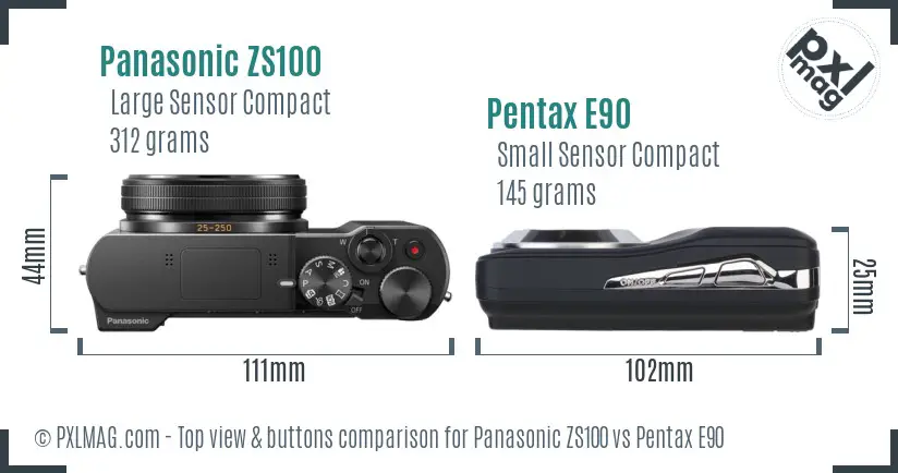 Panasonic ZS100 vs Pentax E90 top view buttons comparison