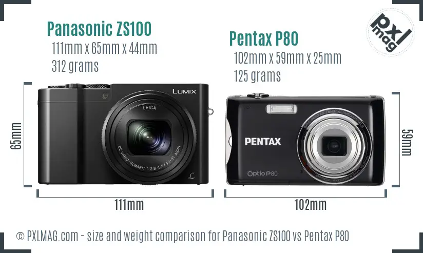 Panasonic ZS100 vs Pentax P80 size comparison