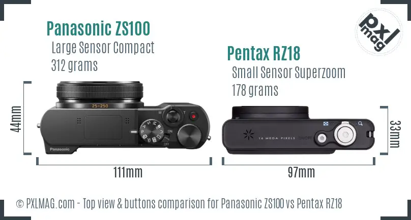 Panasonic ZS100 vs Pentax RZ18 top view buttons comparison