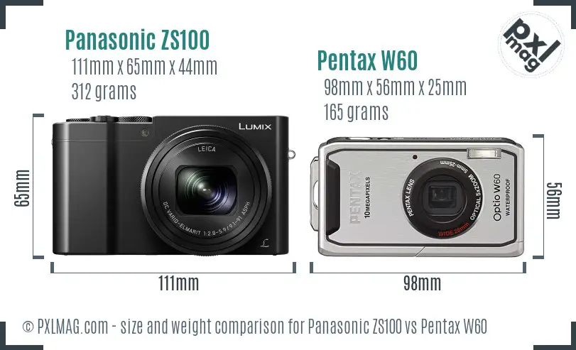 Panasonic ZS100 vs Pentax W60 size comparison