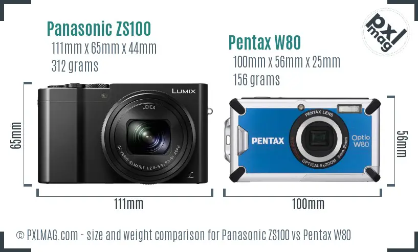 Panasonic ZS100 vs Pentax W80 size comparison