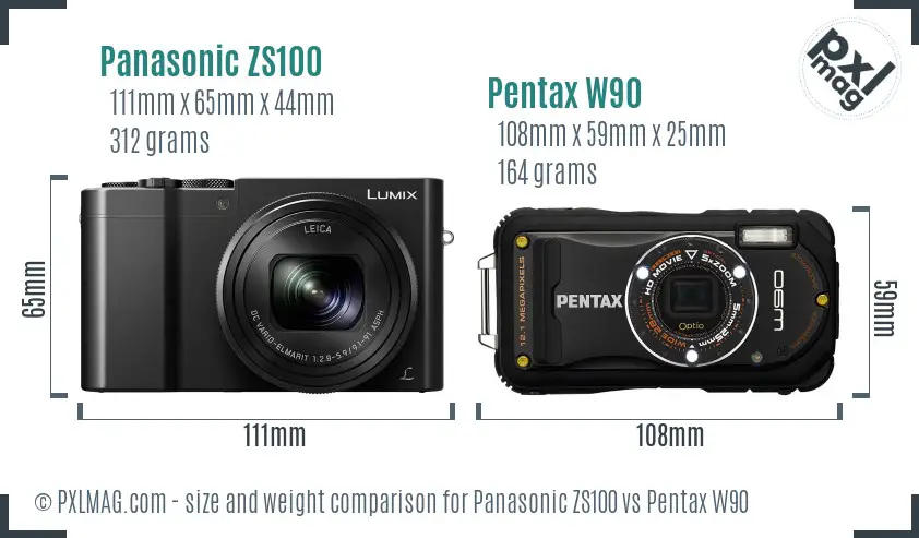 Panasonic ZS100 vs Pentax W90 size comparison