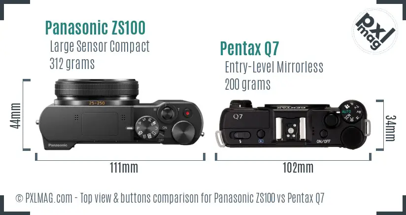 Panasonic ZS100 vs Pentax Q7 top view buttons comparison