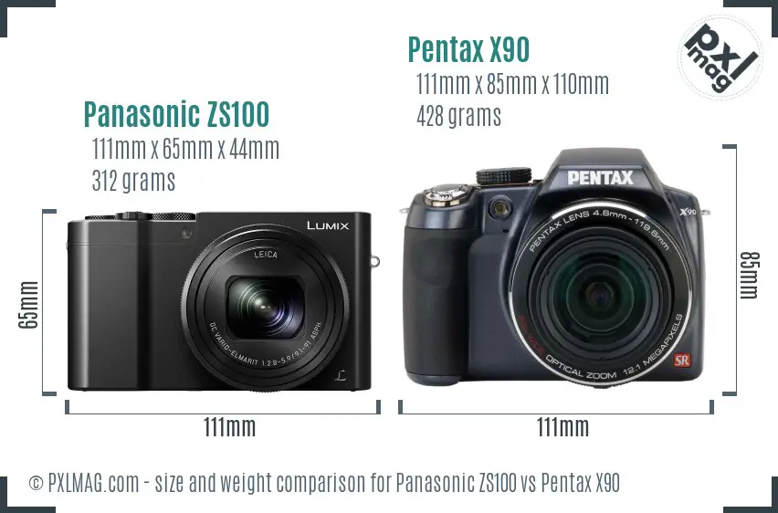Panasonic ZS100 vs Pentax X90 size comparison