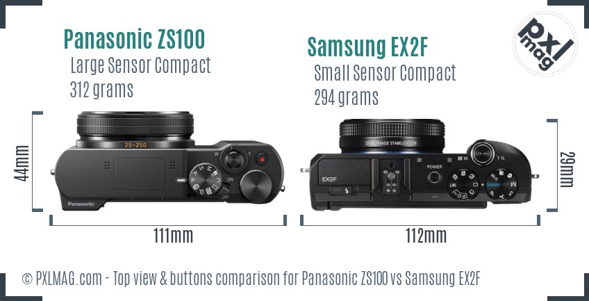 Panasonic ZS100 vs Samsung EX2F top view buttons comparison