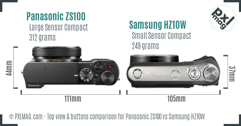 Panasonic ZS100 vs Samsung HZ10W top view buttons comparison Panasonic ZS100 vs Samsung HZ10W top view buttons comparison