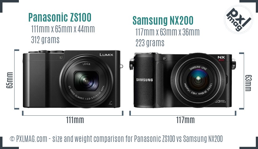 Panasonic ZS100 vs Samsung NX200 size comparison