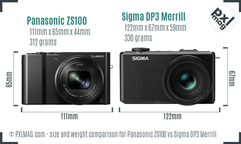 Panasonic ZS100 vs Sigma DP3 Merrill size comparison