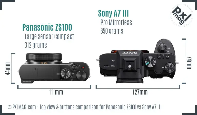 Panasonic ZS100 vs Sony A7 III top view buttons comparison