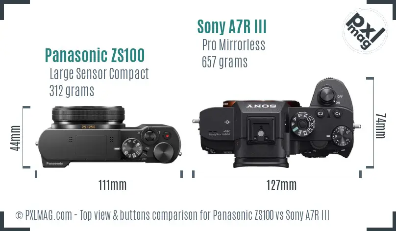Panasonic ZS100 vs Sony A7R III top view buttons comparison Panasonic ZS100 vs Sony A7R III top view buttons comparison