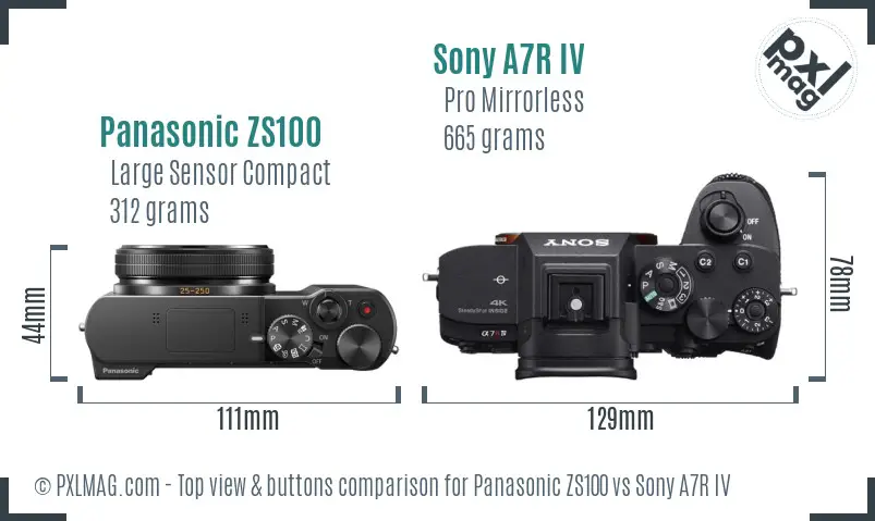 Panasonic ZS100 vs Sony A7R IV top view buttons comparison Panasonic ZS100 vs Sony A7R IV top view buttons comparison