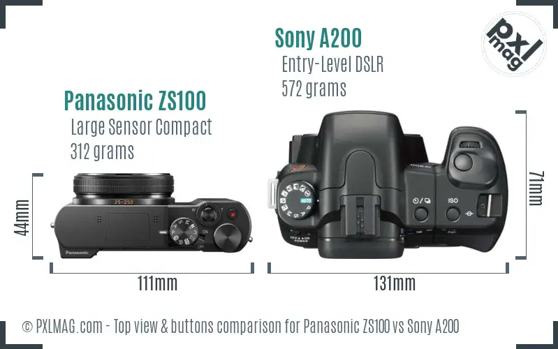 Panasonic ZS100 vs Sony A200 top view buttons comparison Panasonic ZS100 vs Sony A200 top view buttons comparison