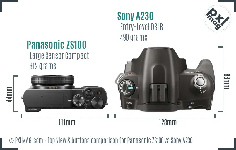 Panasonic ZS100 vs Sony A230 top view buttons comparison