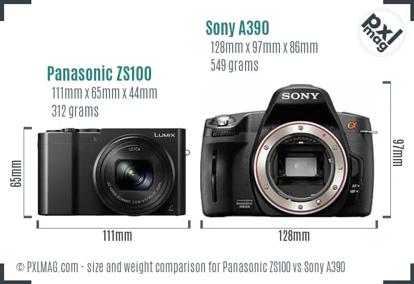 Panasonic ZS100 vs Sony A390 size comparison Panasonic ZS100 vs Sony A390 size comparison