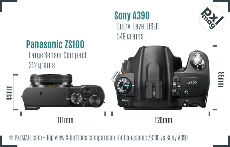 Panasonic ZS100 vs Sony A390 top view buttons comparison Panasonic ZS100 vs Sony A390 top view buttons comparison