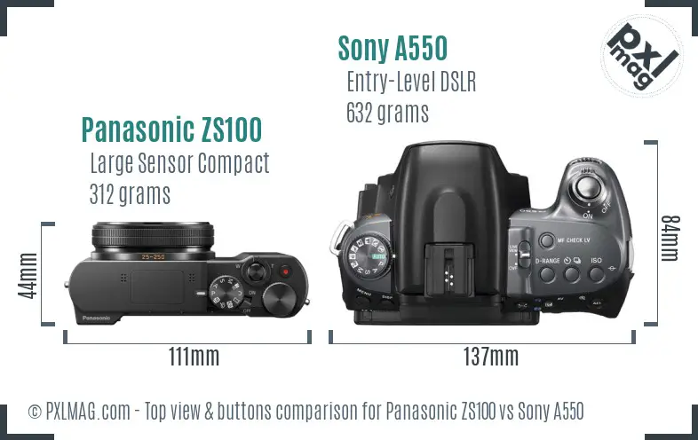 Panasonic ZS100 vs Sony A550 top view buttons comparison