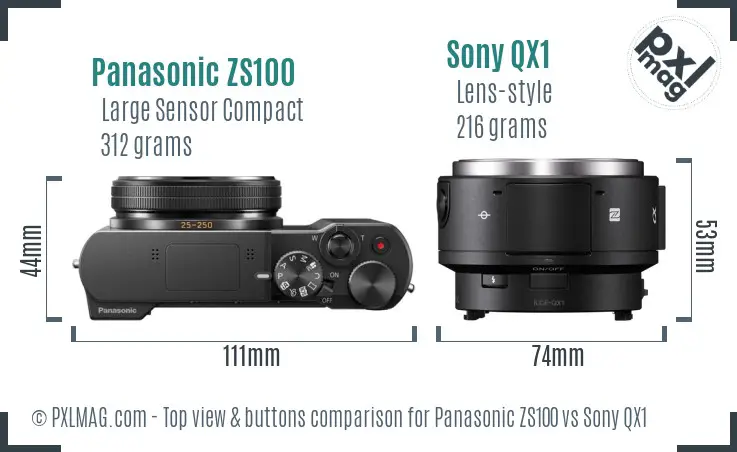 Panasonic ZS100 vs Sony QX1 top view buttons comparison Panasonic ZS100 vs Sony QX1 top view buttons comparison