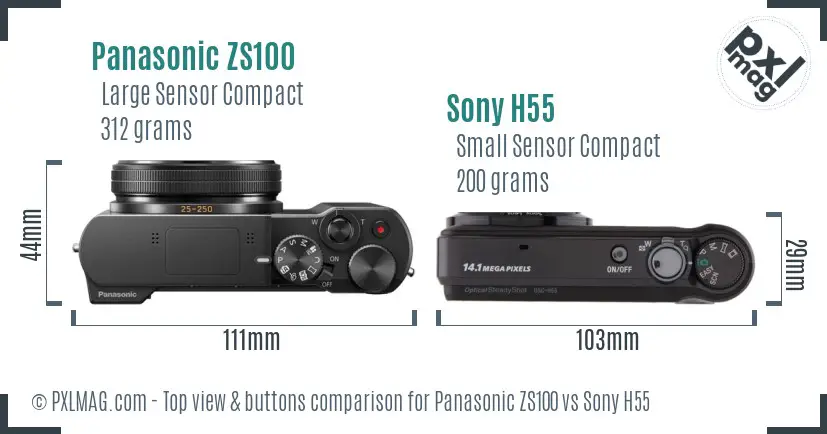 Panasonic ZS100 vs Sony H55 top view buttons comparison Panasonic ZS100 vs Sony H55 top view buttons comparison