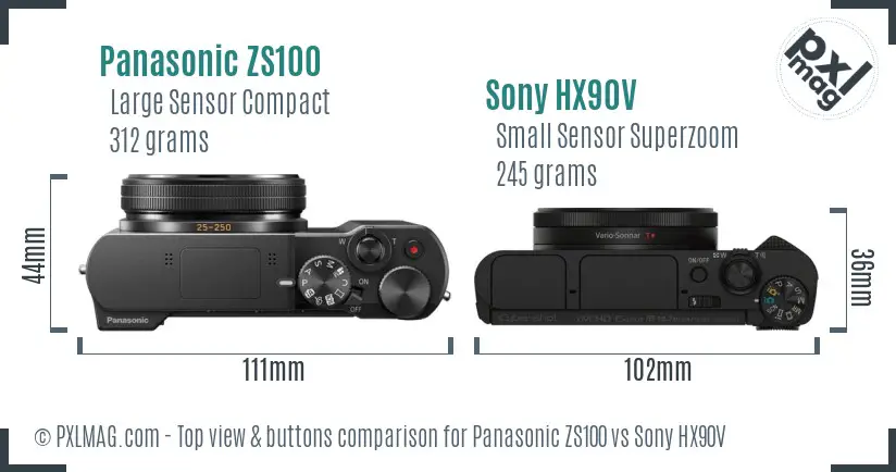 Panasonic ZS100 vs Sony HX90V top view buttons comparison Panasonic ZS100 vs Sony HX90V top view buttons comparison