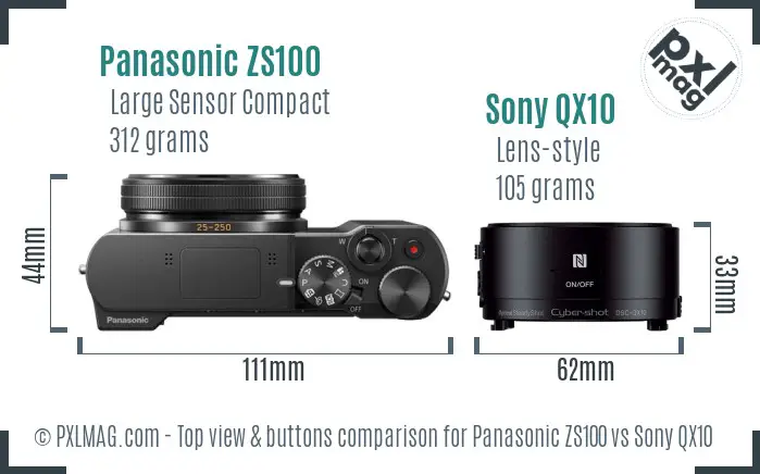 Panasonic ZS100 vs Sony QX10 top view buttons comparison Panasonic ZS100 vs Sony QX10 top view buttons comparison