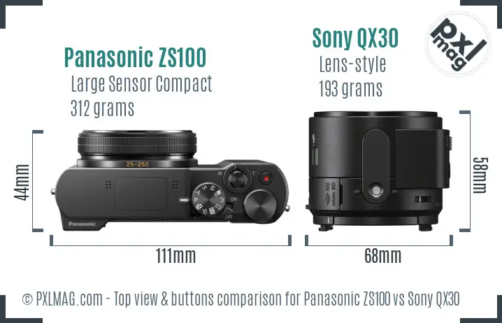 Panasonic ZS100 vs Sony QX30 top view buttons comparison