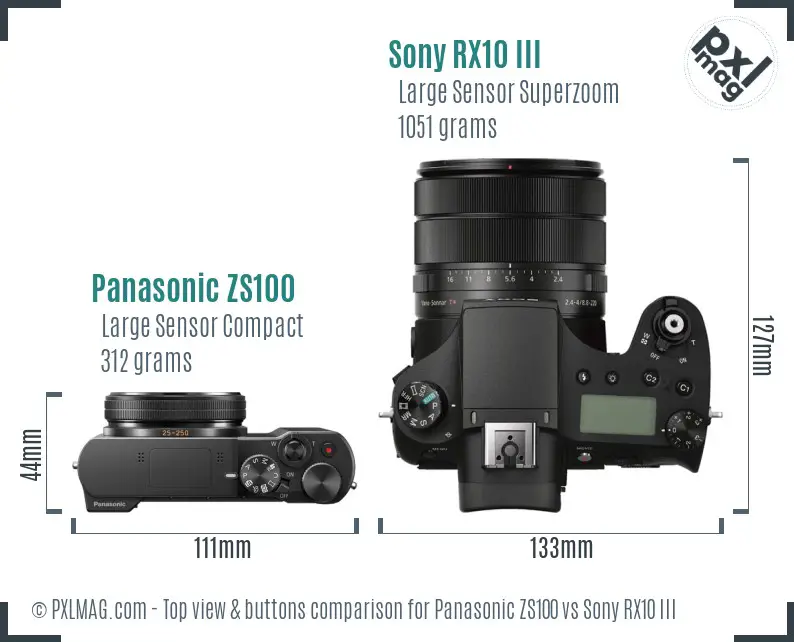 Panasonic ZS100 vs Sony RX10 III top view buttons comparison Panasonic ZS100 vs Sony RX10 III top view buttons comparison