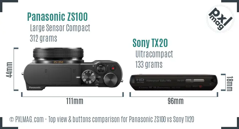 Panasonic ZS100 vs Sony TX20 top view buttons comparison