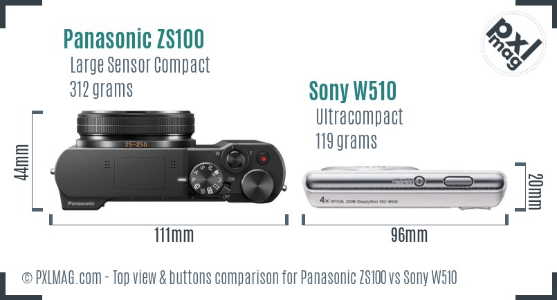 Panasonic ZS100 vs Sony W510 top view buttons comparison