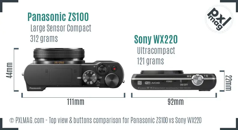 Panasonic ZS100 vs Sony WX220 top view buttons comparison