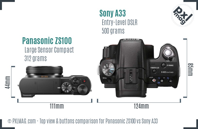 Panasonic ZS100 vs Sony A33 top view buttons comparison
