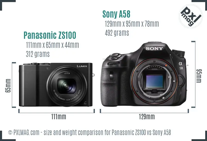 Panasonic ZS100 vs Sony A58 size comparison