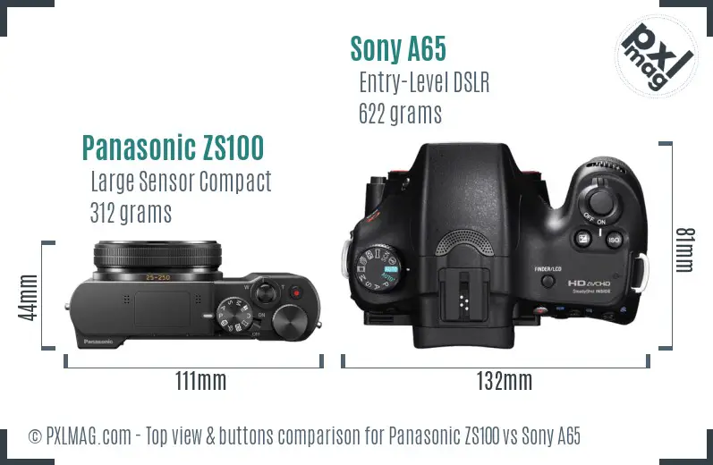 Panasonic ZS100 vs Sony A65 top view buttons comparison Panasonic ZS100 vs Sony A65 top view buttons comparison