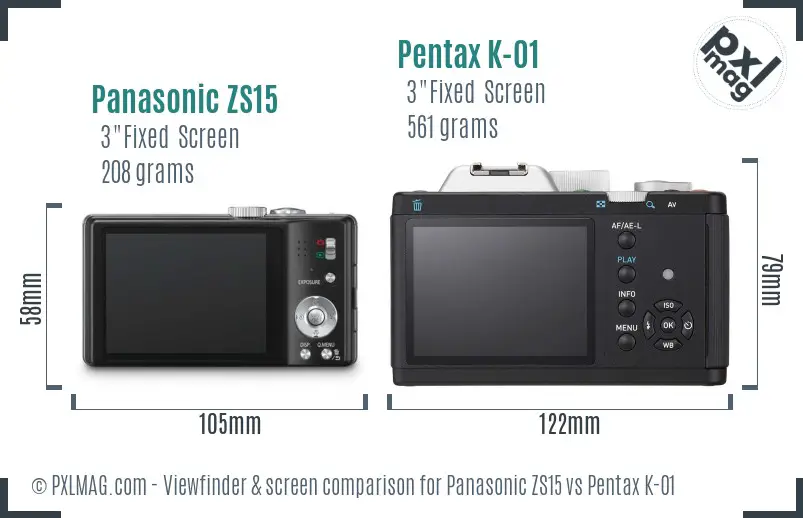 Panasonic ZS15 vs Pentax K-01 Screen and Viewfinder comparison