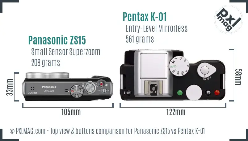 Panasonic ZS15 vs Pentax K-01 top view buttons comparison