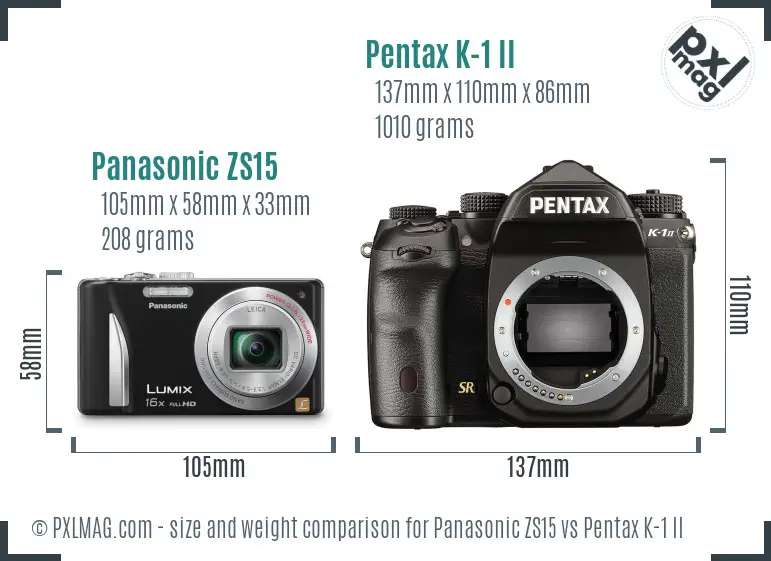 Panasonic ZS15 vs Pentax K-1 II size comparison