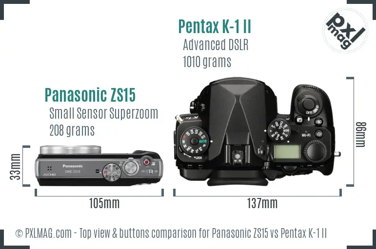 Panasonic ZS15 vs Pentax K-1 II top view buttons comparison