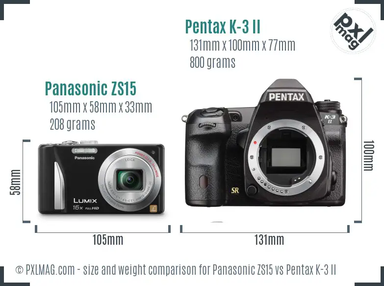 Panasonic ZS15 vs Pentax K-3 II size comparison