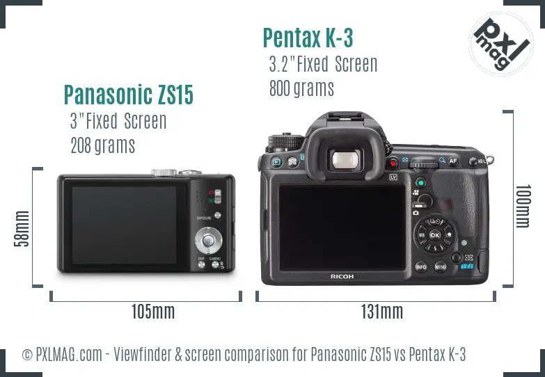 Panasonic ZS15 vs Pentax K-3 Screen and Viewfinder comparison