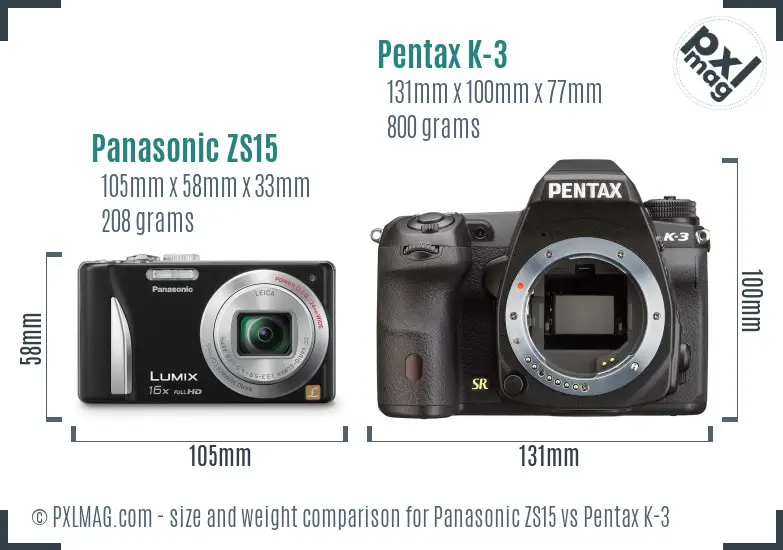Panasonic ZS15 vs Pentax K-3 size comparison