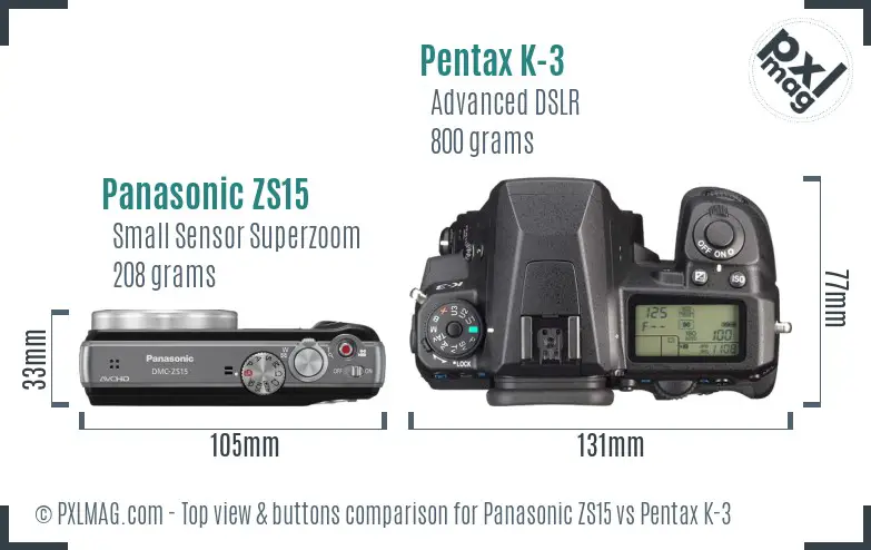 Panasonic ZS15 vs Pentax K-3 top view buttons comparison