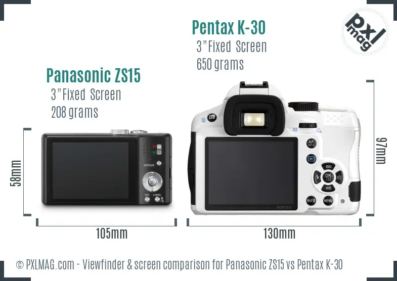 Panasonic ZS15 vs Pentax K-30 Screen and Viewfinder comparison